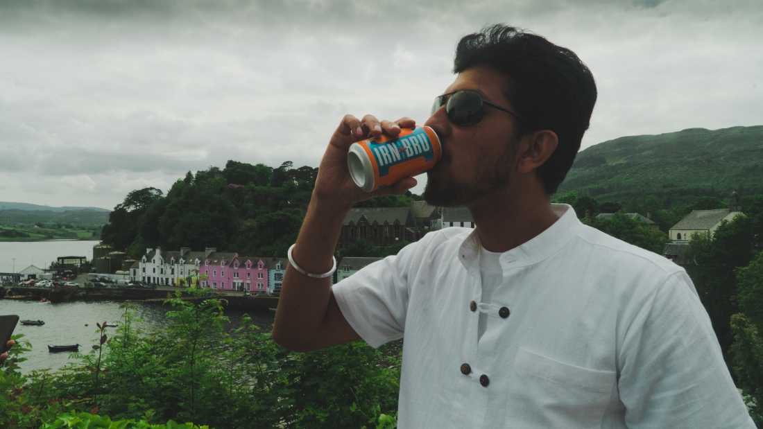 Drinking Irn Bru in Portree