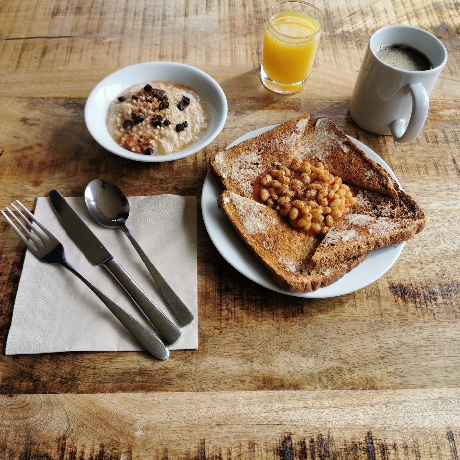 Breakfast at Morag's Lodge Hostel: toast with beans and porridge
