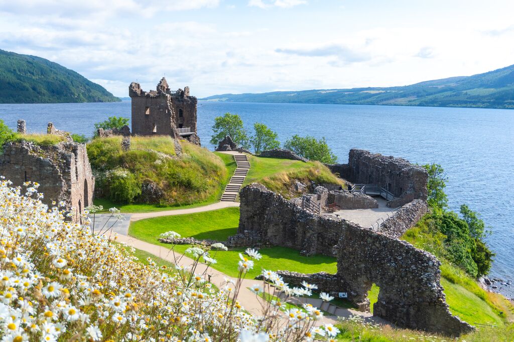 View of Loch Ness from Urguhart Castle during a sunny day in spring