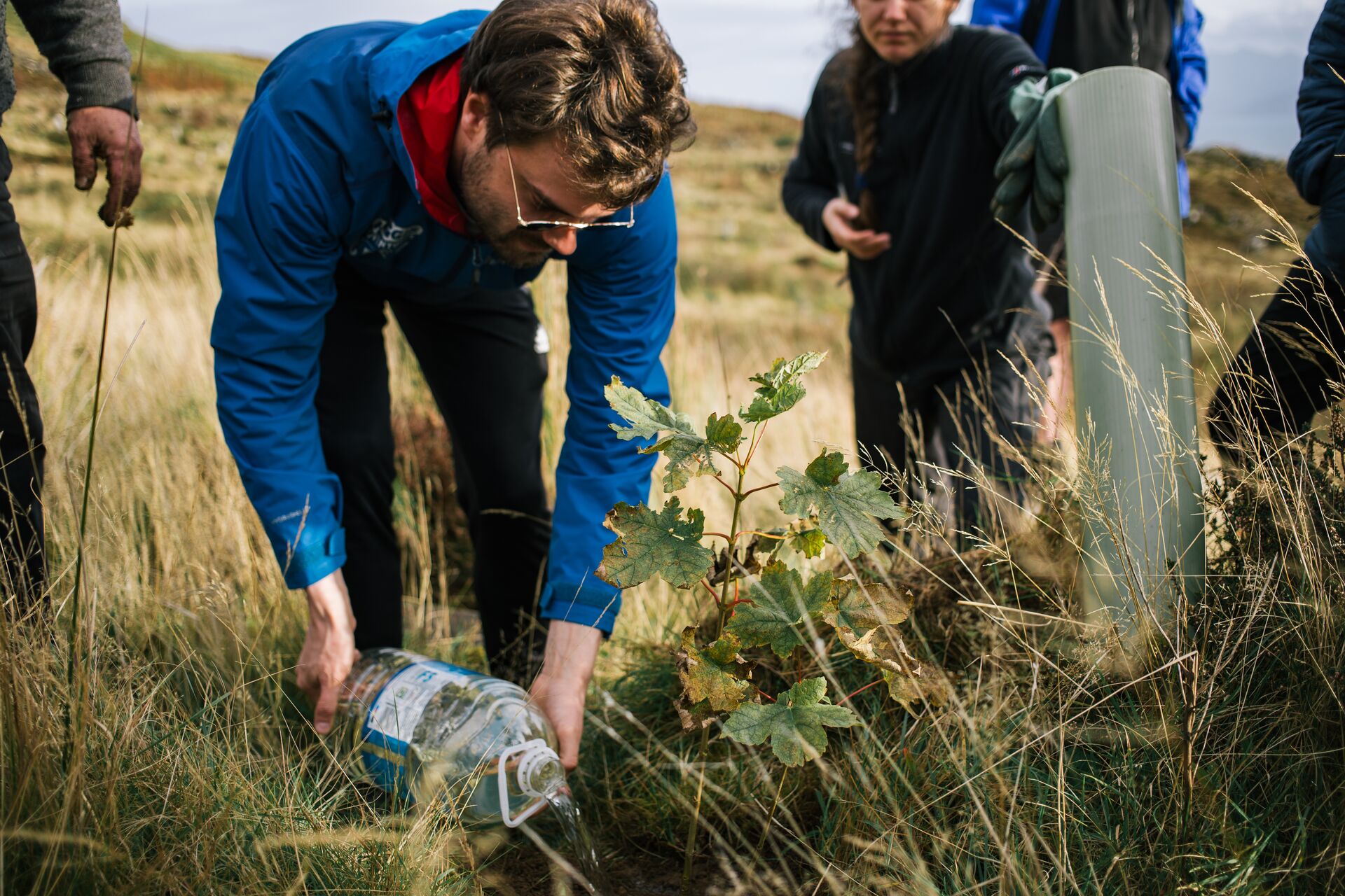 Tom watering a newly planted tree in Tormore Forest.